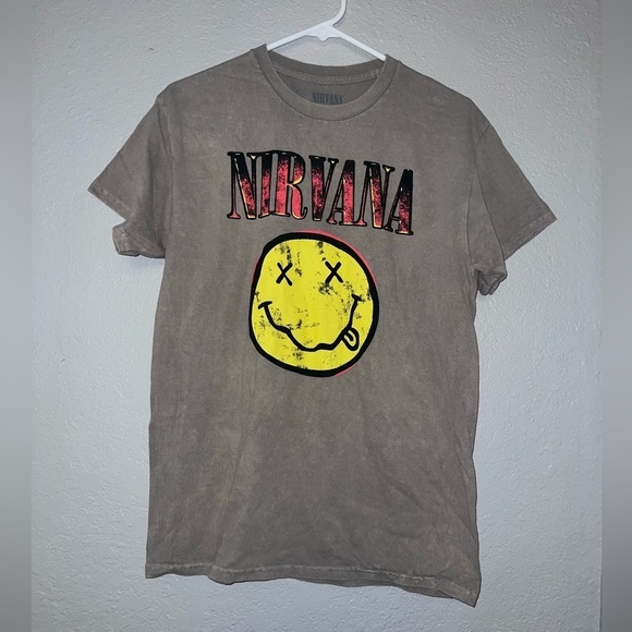 Nirvana Unisex Smiley Face Distressed Brown Beige T-Shirt - Picture 1 of 4